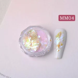 Golden iridescent nail glitter with pastel pink base – MM04