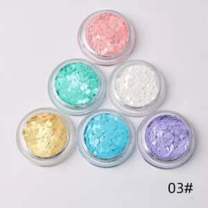 Heart-shaped pastel nail glitter sequins with macaron color palette, labeled 03#