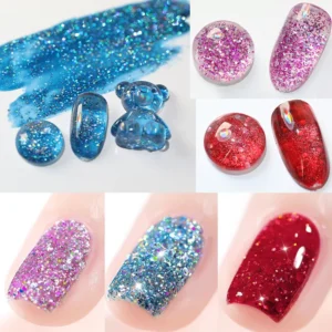 Ultra-sparkly close-up of glitter polish applied on nails and resin