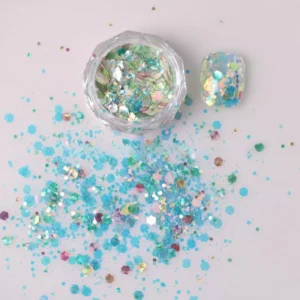 Green-toned chunky holographic glitter flakes with aurora-style shimmer