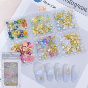 Nail decorations set 04# Mermaid Shell & Pearl Mix with seashell elements, beads, and metallic accents