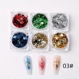 Metallic Nail Flake Set in red, green, gold, blue, silver and bronze for nail art