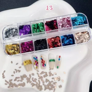 Oval multicolor metallic nail sequins with shimmering reflection in 12 slots