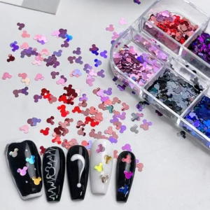 Cartoon-style nail glitter sequins in Mickey head shape used in nail design