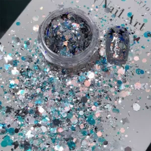 Silver and teal glitter flakes jar with dark translucent nail tip