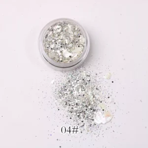 Milky white iridescent nail glitter labeled 04# with flake spread detail