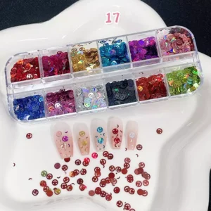 Colorful mini smiley face glitter for nail art with red, blue, gold and more