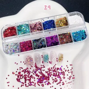 Square mini glitter flakes in assorted holographic colors and metallic tones