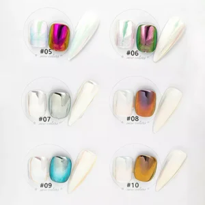 Iridescent chrome powder swatches #05–#10 with side-by-side nail tips