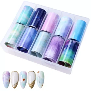 Misty pastel nail foils with gentle galaxy and nature effects