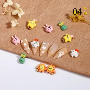 Kawaii stars, milk bags, and animal charms on neutral nail palette