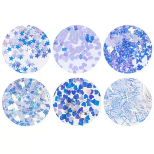 Macro shot of six glitter shapes including hearts, stars, and strip sequins in blue hues