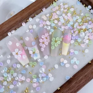 Pastel resin leaf nail charms with pearls and gold beads