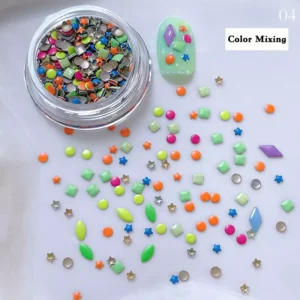 Mixed macaron nail glitter including stars, rounds, and squares in assorted colors