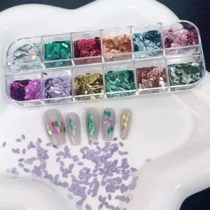 Mixed shape glitter nail sequins in 12 bright colors – petal-style pieces displayed with nail tips