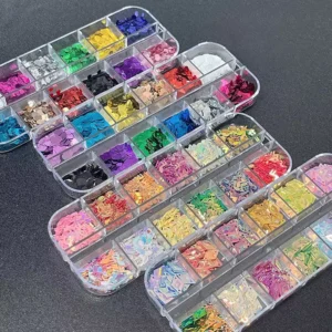 Full set of holographic nail glitter sequins in different shapes and hues