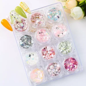 Iridescent cartoon glitter nail set shown with floral décor