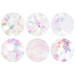 Top view of six mixed iridescent nail glitter pots featuring stars, shreds, and flakes
