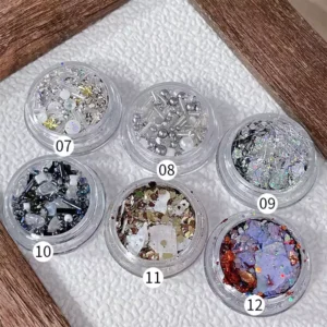 6 silver-themed holographic nail glitter flakes and charms in jars