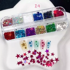 Star-shaped holographic glitter for nails in 12-color kit with size variation