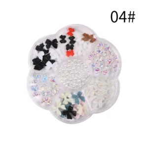 Black and white resin bows with holographic 3D nail decorations and pearls