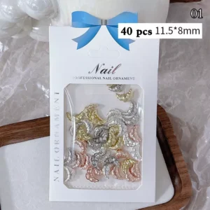 Moon-shaped metal nail charms in gold, silver, and champagne colors – 40pcs, 11.5×8mm
