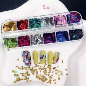 Square mosaic-style holographic nail glitter in multicolor palette with tiled nail design
