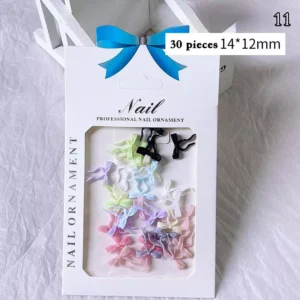 Multi-colored bow ribbon nail charms in a professional package with 30 pieces