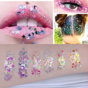 Iridescent face glitter stickers applied on lips and hair