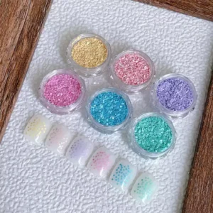 Various glitter colors including gold, pink, blue, and purple for nail decoration.