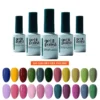 Multicolor gel polish bottles and swatches – vibrant shade range