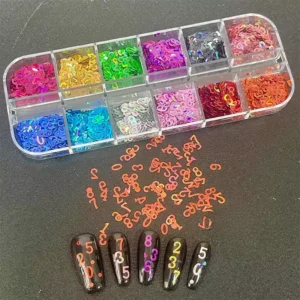 Holographic number nail sequins in multicolor for creative nail art designs