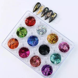 Multicolor star-shaped nail glitter set viewed from a tilted angle