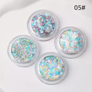 Macaron glitter sequins in four jars labeled as 05#, showing soft colorful shapes