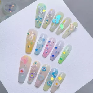 Sample nail designs using Ocean Sparkle Nail Sequins in various styles