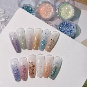 Gradient glitter nail art swatches using various iridescent flakes