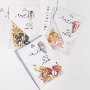 Pearl and alloy nail art sets with packaging and sample nails