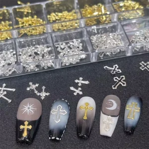 Full view of silver and gold nail charm storage with nails below