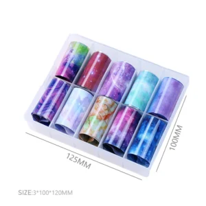 Size display of nail foil storage box with 10 rolls, each featuring starry designs