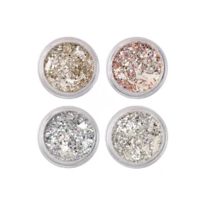 Top view of four color variants of Galaxy Crystal Nail Glitter in clear containers