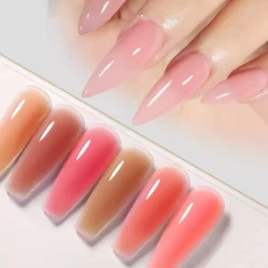 Natural tone builder gel nails in glossy nude shades