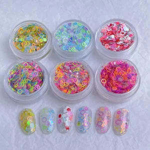 Neon holographic nail sequins in multicolor circles and flower shapes