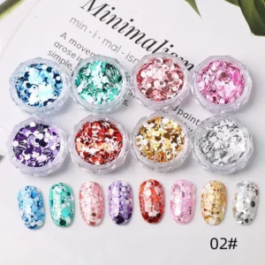 Multicolor holographic glitter flakes with metallic accents for nails