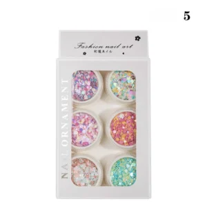 Party Nail Sequins set with colorful jewel-toned glitter flakes in circular packaging