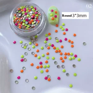 Round neon candy macaron dots for nail art, in pink, orange, green, and silver