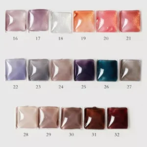 Holographic Nail Gel – Swatches 16 to 32 in nude, taupe and bold hues