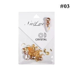 Nude-tone pearls and mixed gold alloy pieces for 3D nails