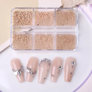 Nude pearl nail beads with neutral-tone nail designs