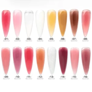Close-up of 16 nude and solid sculpting gel swatches