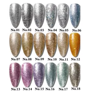 Glitter Gel Polish shades 01 to 18 with clear numeric labels